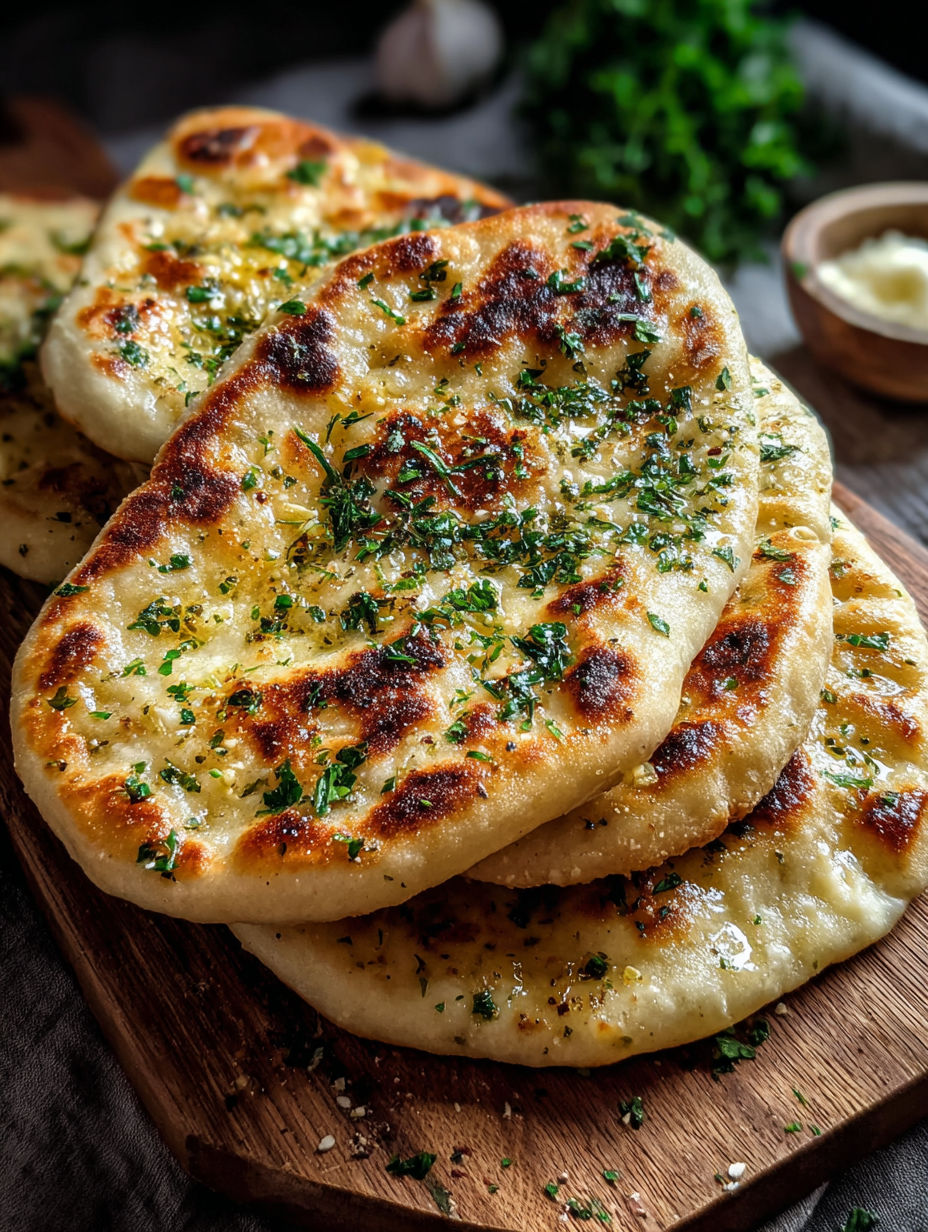 Stack of butter garlic flatbreads.