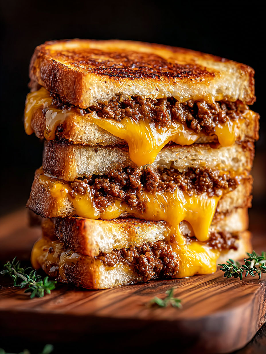 A stack of grilled cheese sandwiches with ground beef.