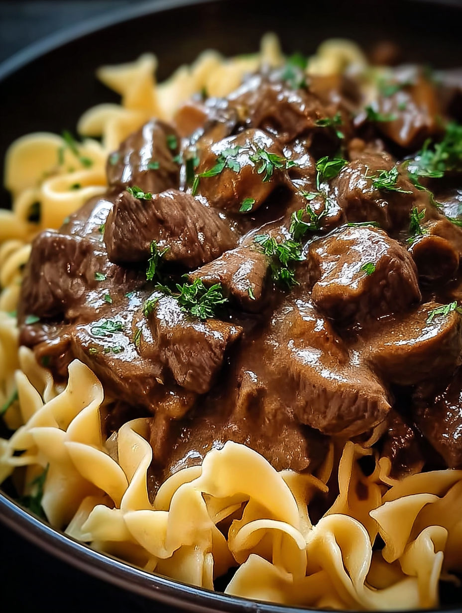 Beef tips served in a bowl with noodles.