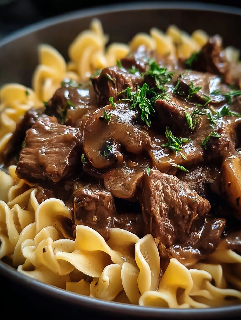 A bowl of beef tips and noodles.