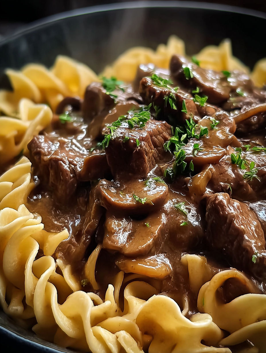 A bowl of beef tips and noodles.