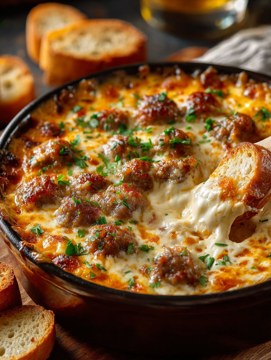 A bowl filled with spicy sausage and beer cheese dip.