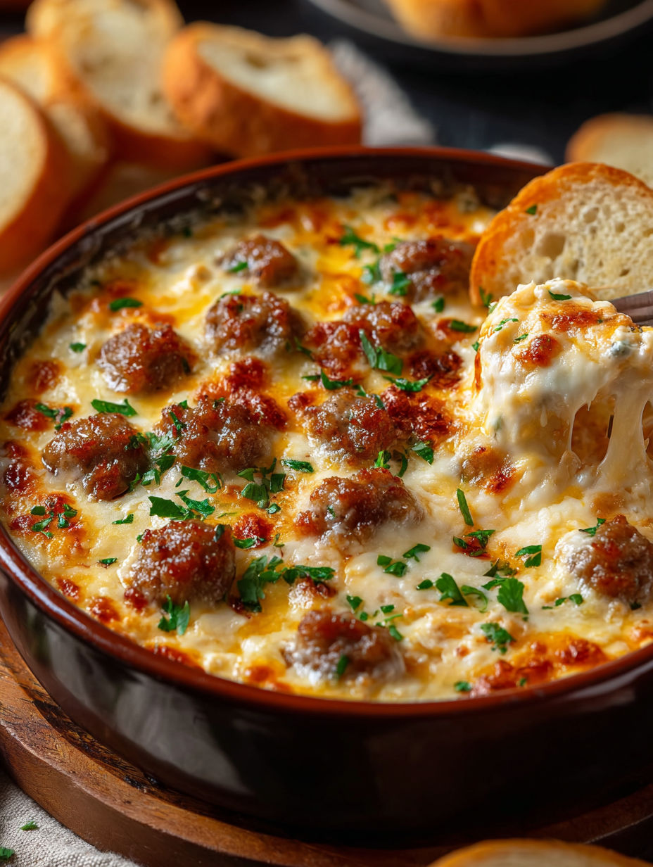 A bowl of hot sausage beer cheese dip.