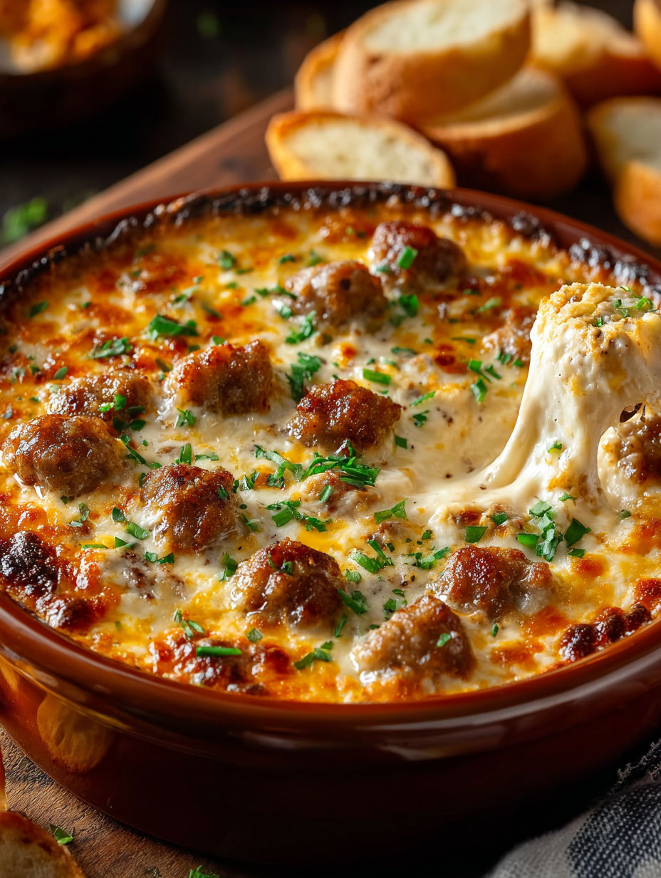 A bowl of hot sausage beer cheese dip.