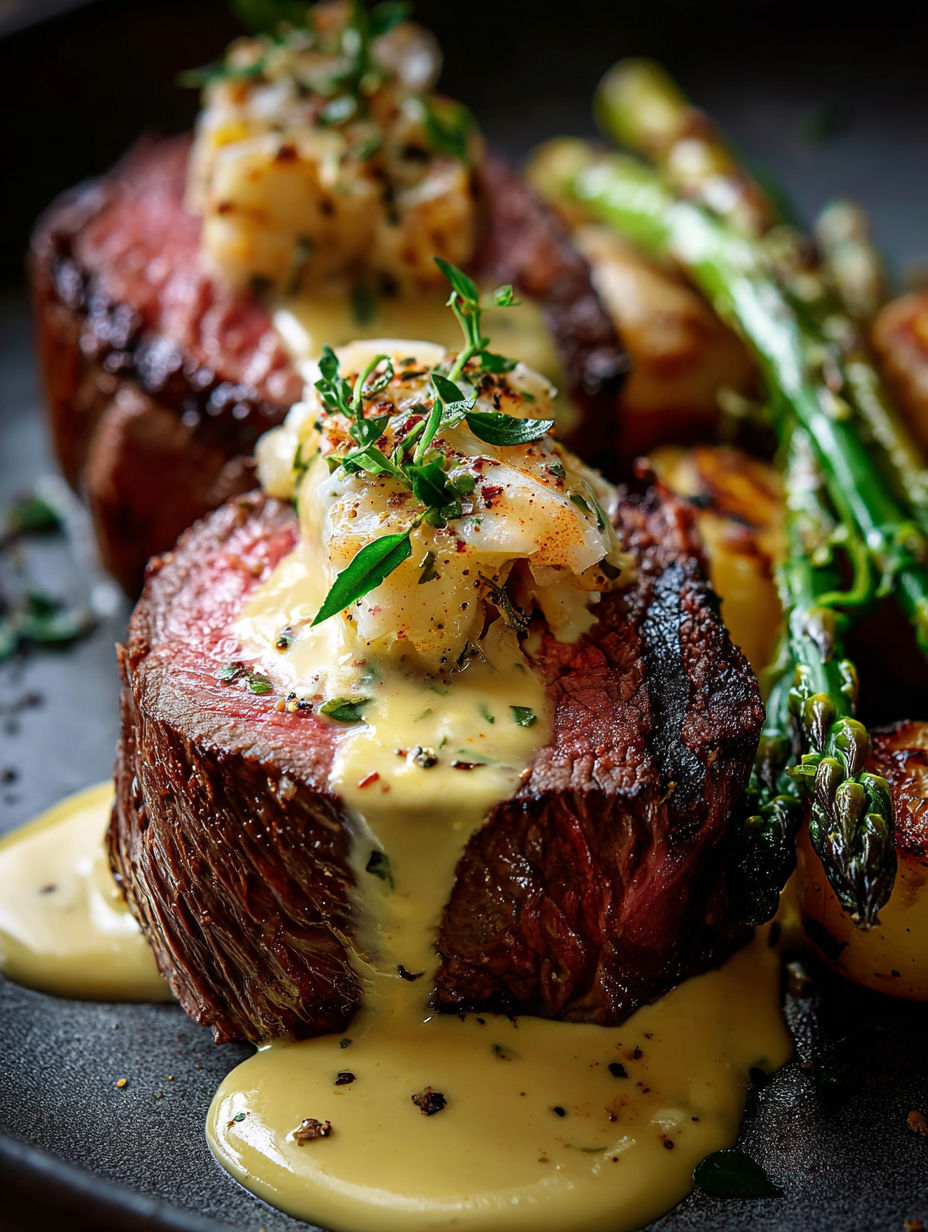 A close up of a piece of meat with a sauce on top.