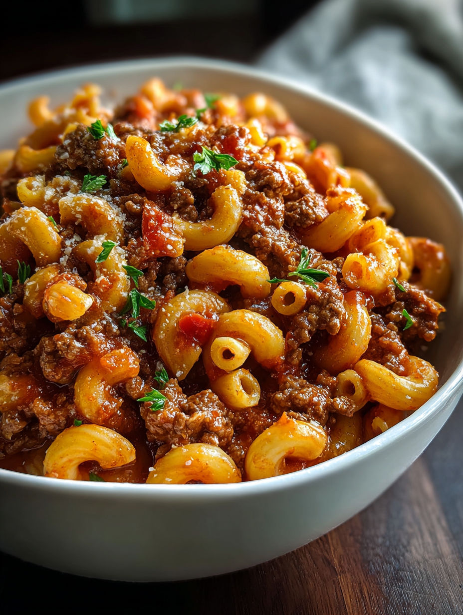 A bowl of cheesy beefaroni with tomato sauce.