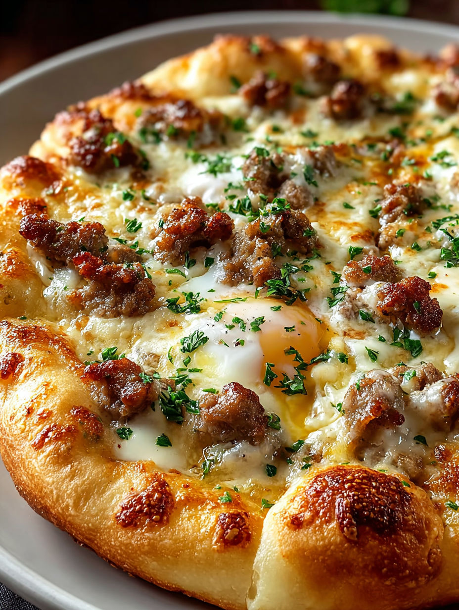 A pizza with sausage and biscuits on top.
