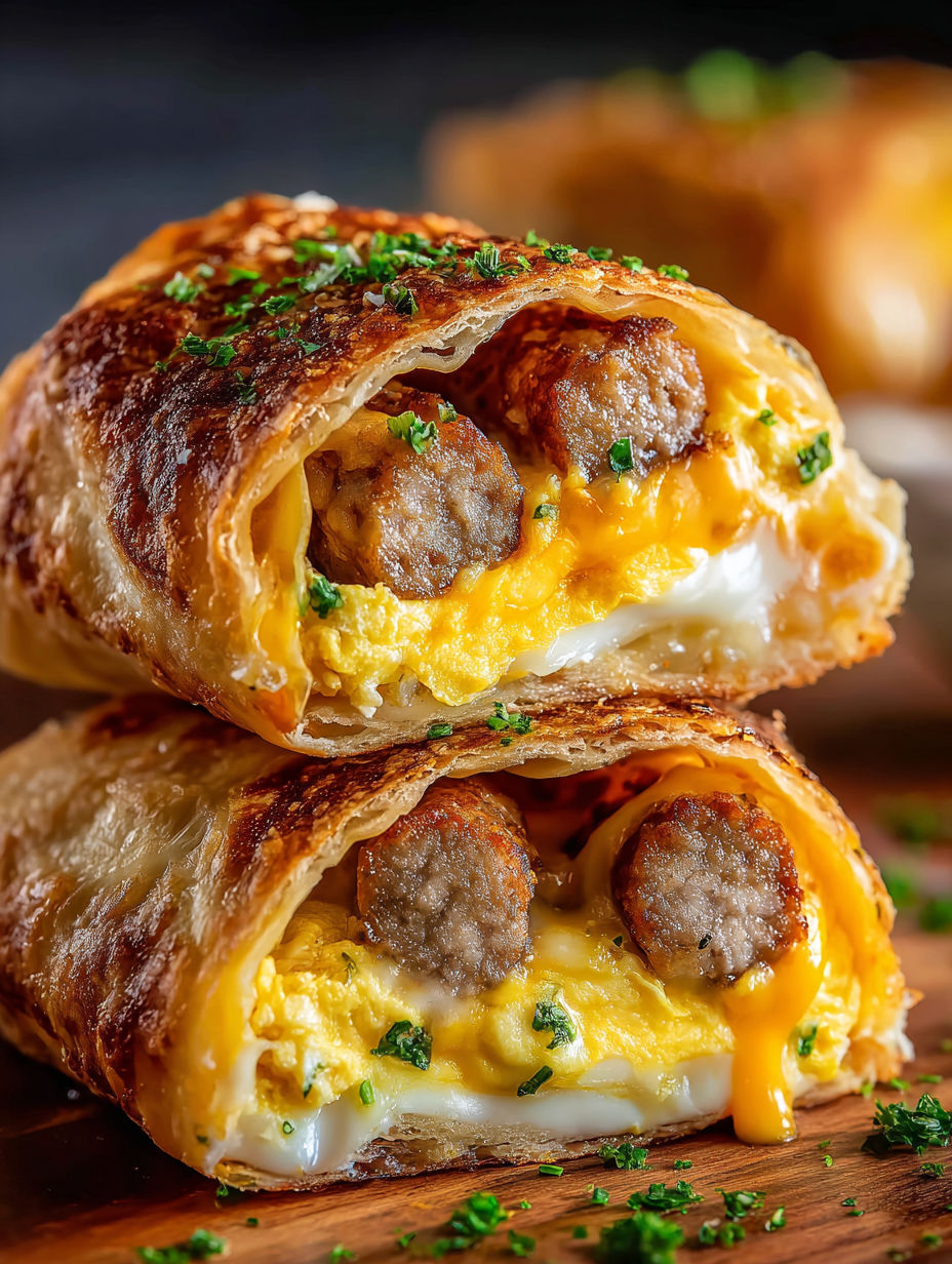 Two simple sausage, egg, and cheese breakfast roll-ups.