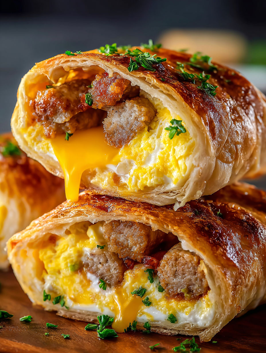 Simple sausage, egg, and cheese breakfast roll-ups.