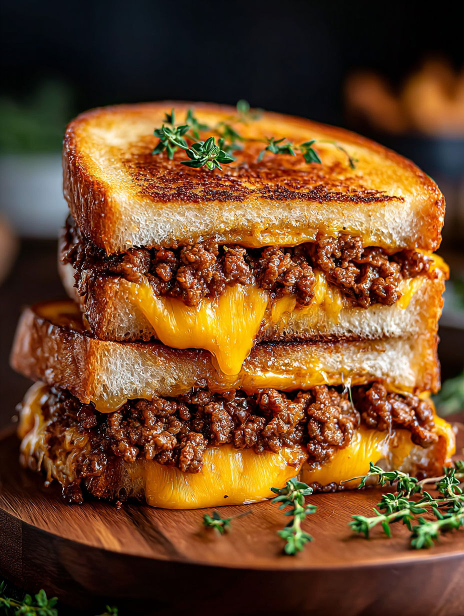 Grilled cheese sandwich with ground beef inside.