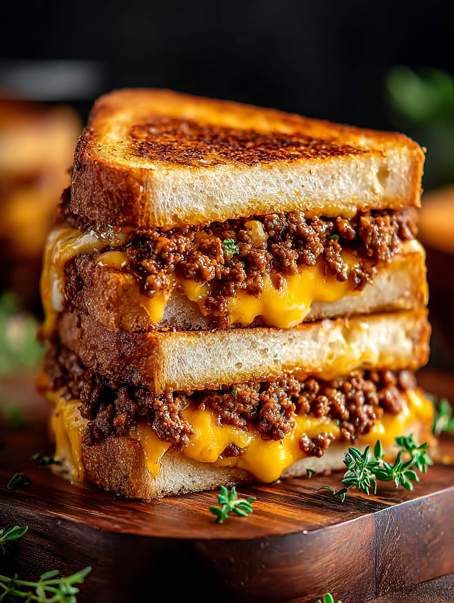 Ground beef grilled cheese sandwich.