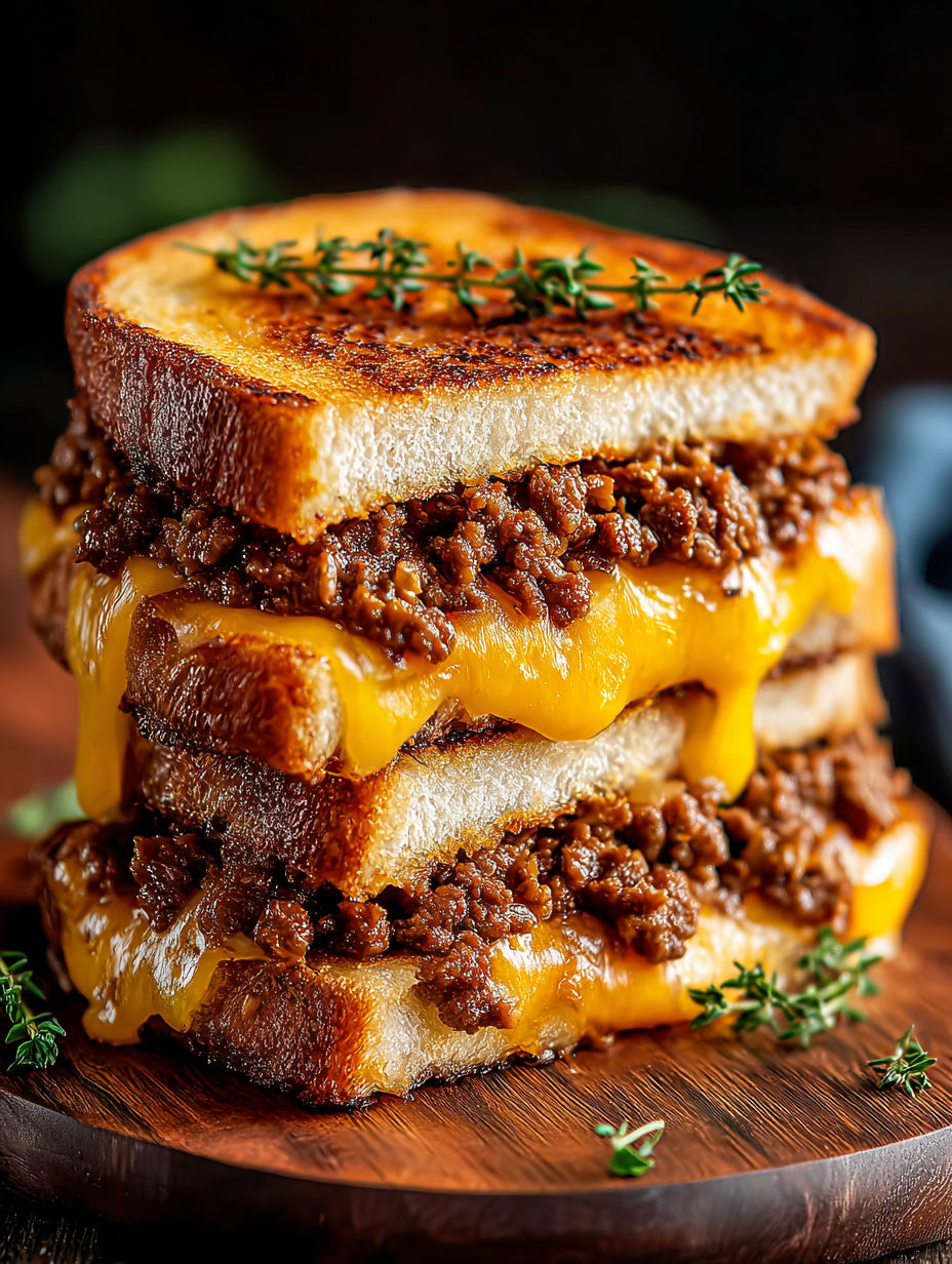 Ground beef grilled cheese from above.