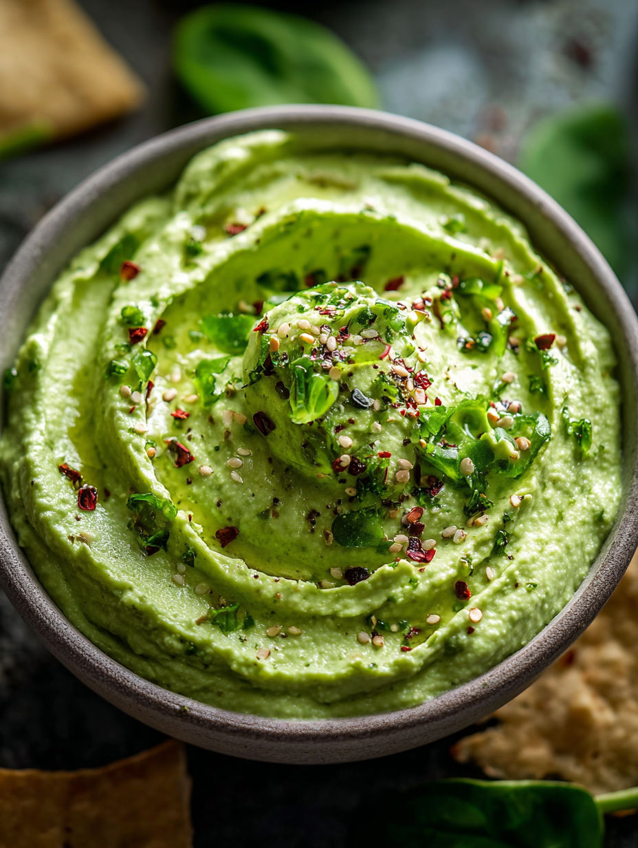Bowl filled with creamy spinach avocado dip.