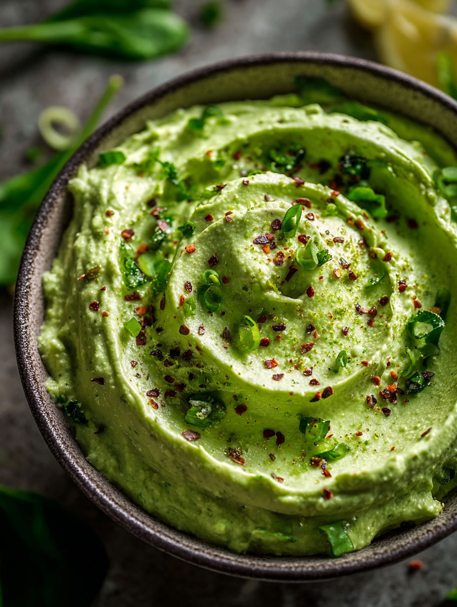 A bowl of creamy spinach avocado dip.