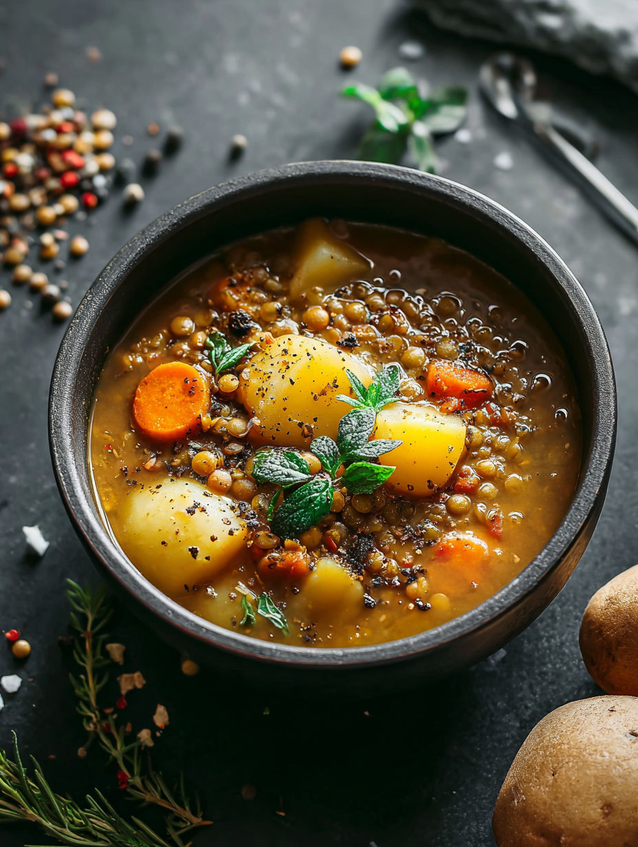 A bowl of hearty lentil and potato soup.