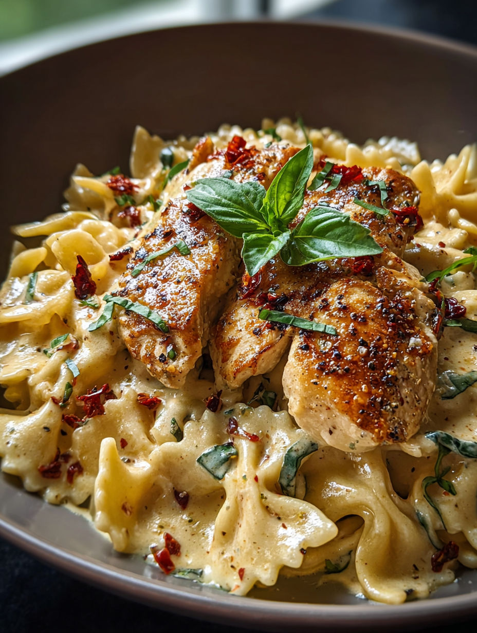 A bowl of pasta with chicken and herbs.