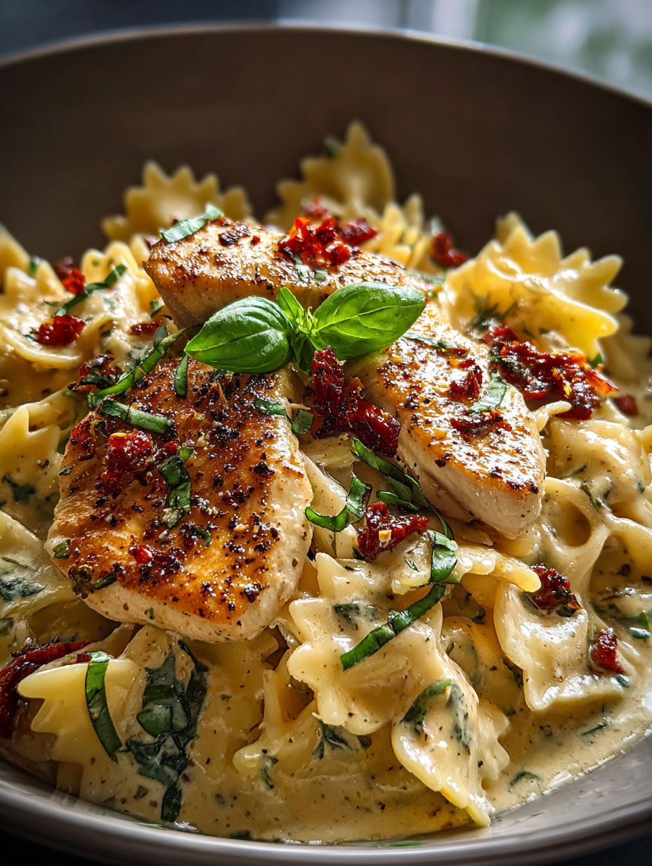 A bowl of pasta with chicken and spinach.