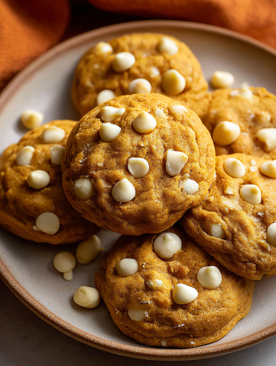 A plate of pumpkin cookies with white chocolate chips.
