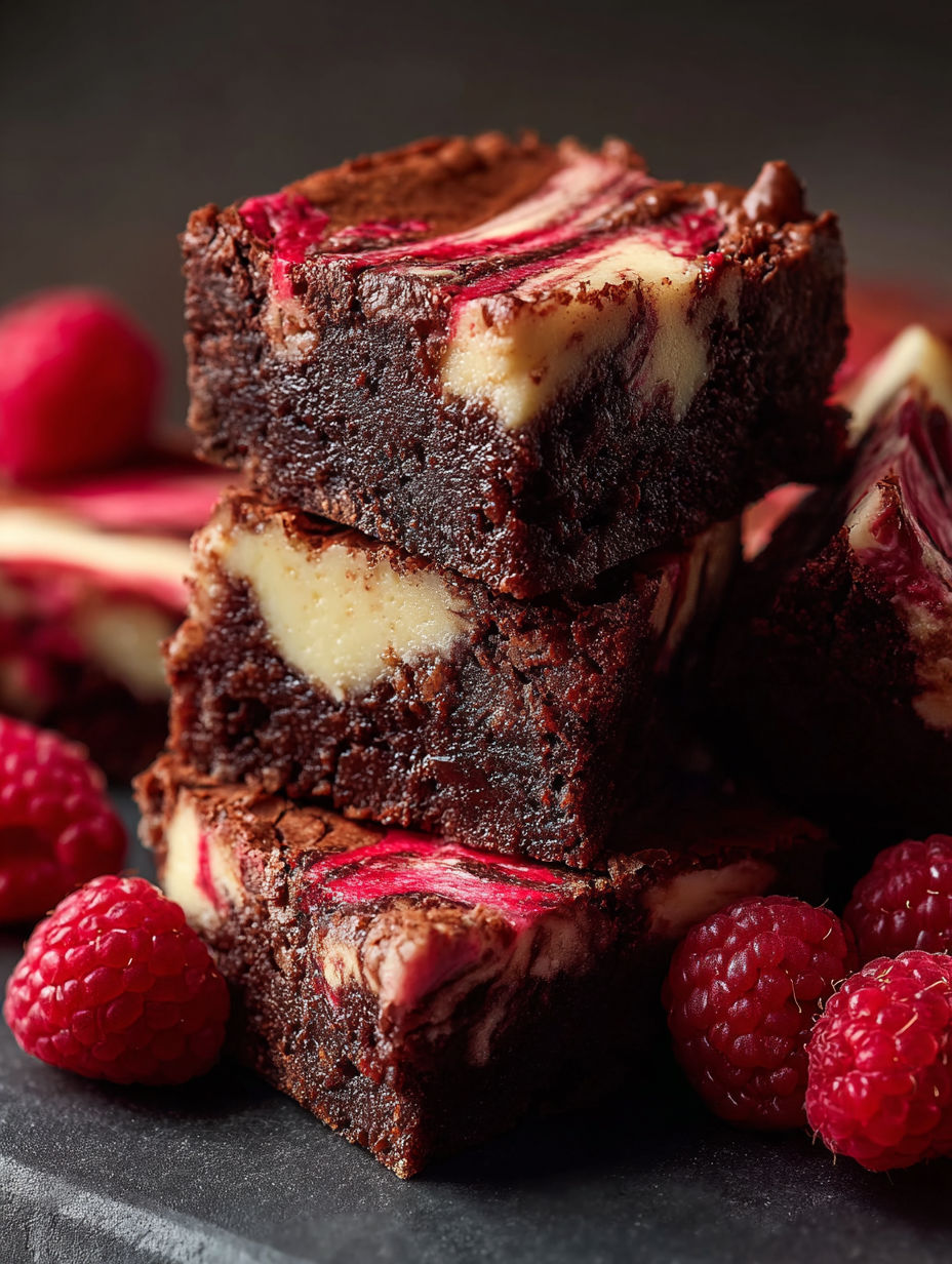 A stack of chocolate cake with raspberries on top.