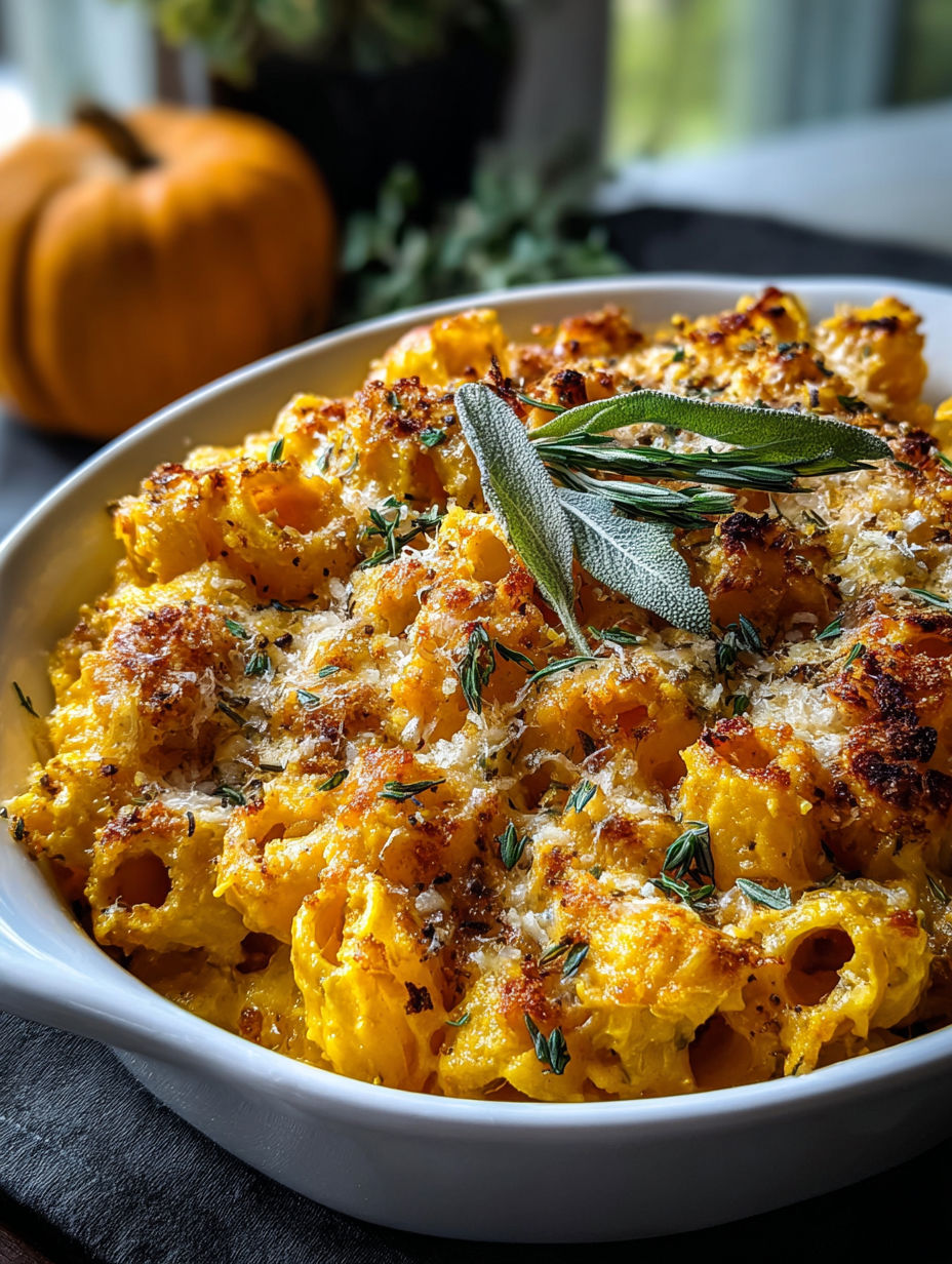 A bowl of cheesy pumpkin pasta bake.