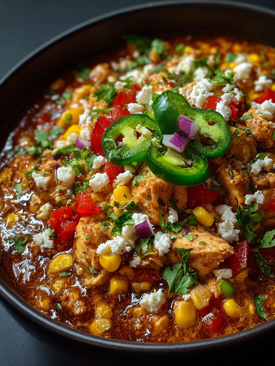 A bowl with chicken and corn chili