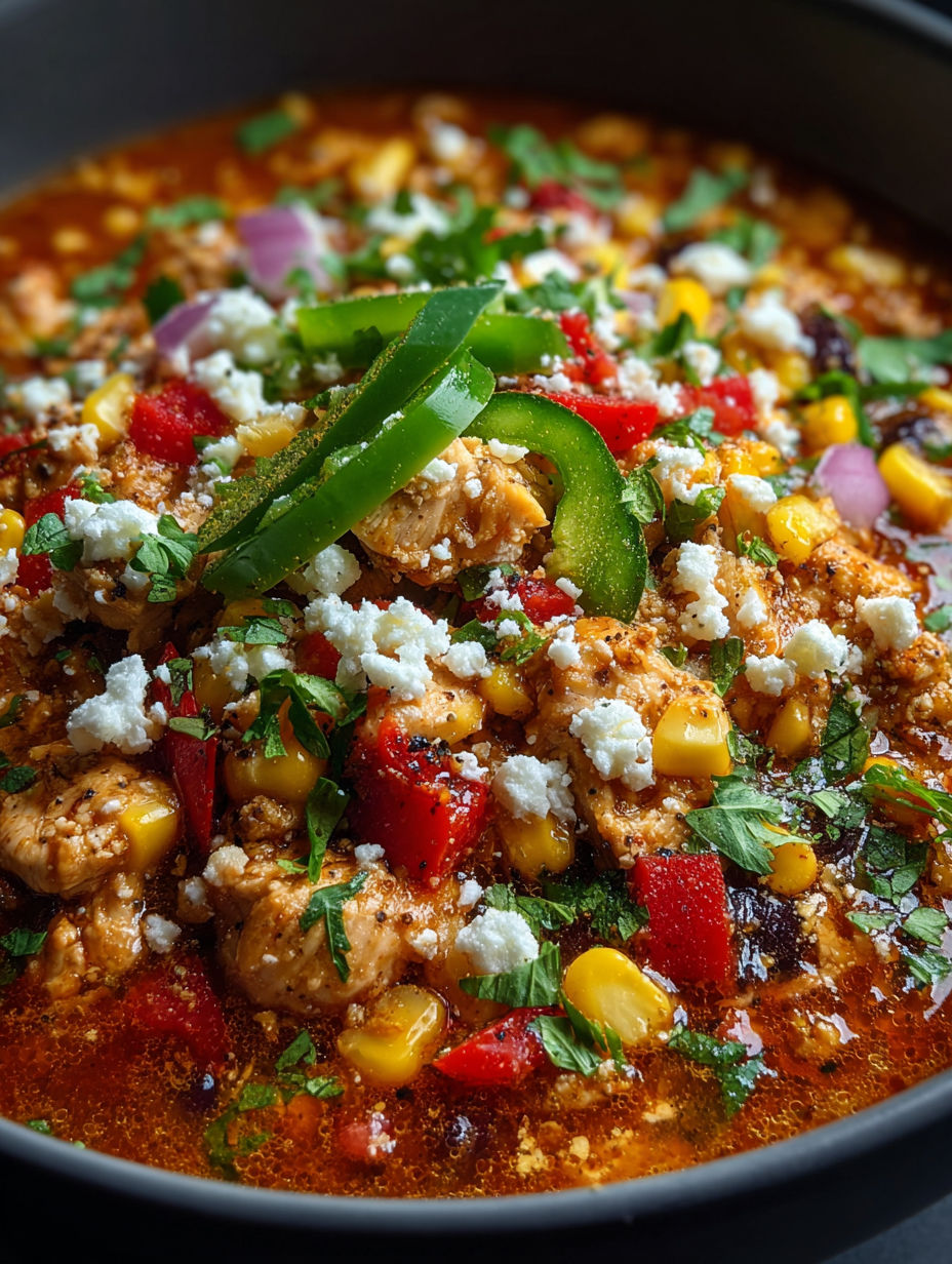 A bowl of chili with chicken and corn.