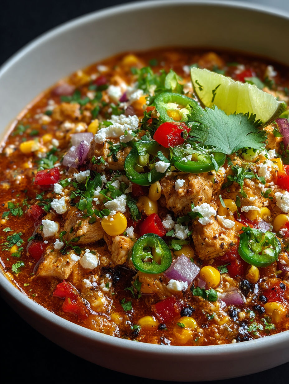 A bowl of chili with chicken, corn, and peppers.