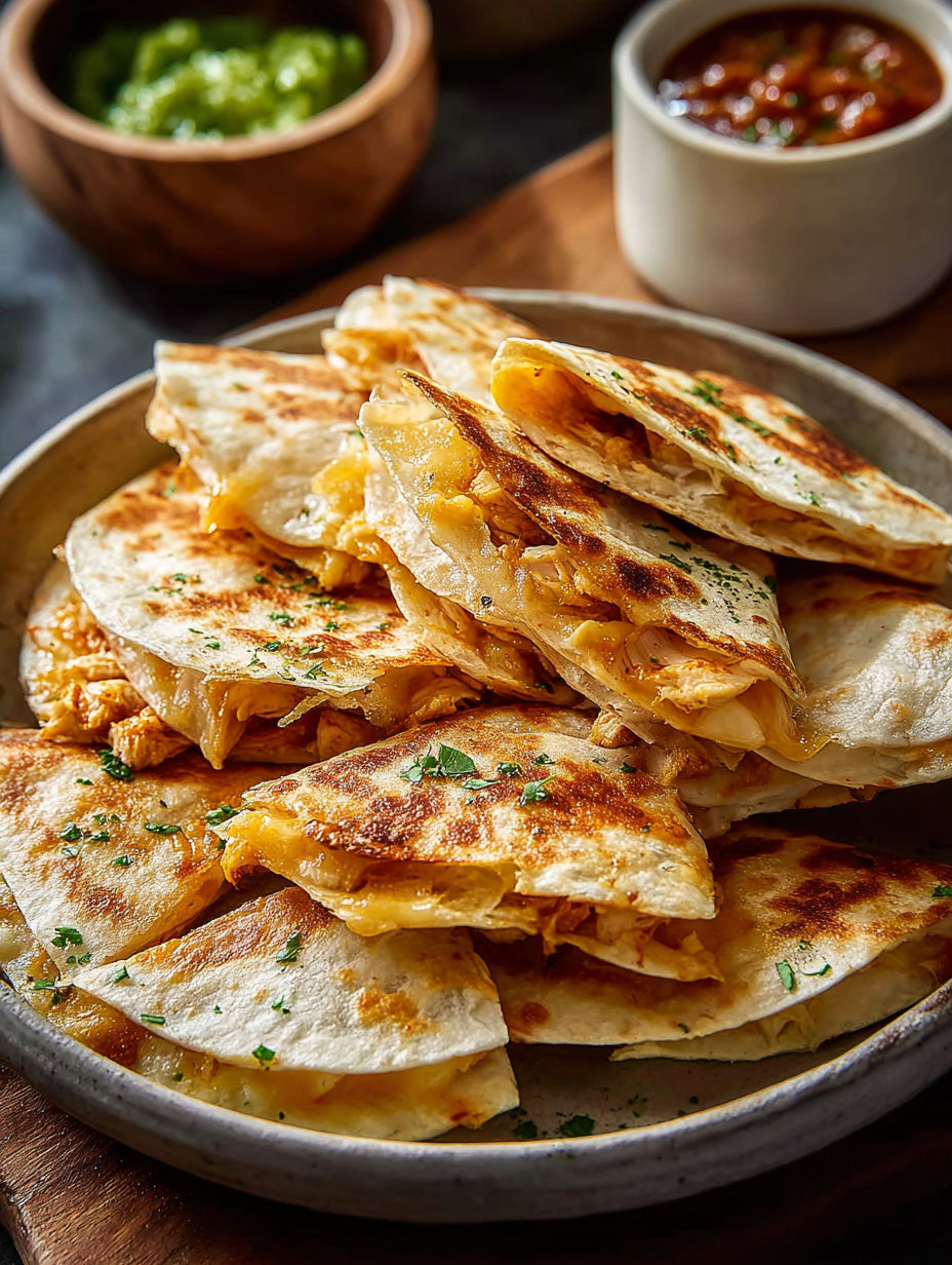 Plate filled with bite-sized chicken quesadillas.
