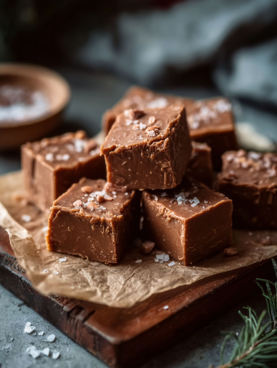 Wooden tray holding a bowl of classic fudge.