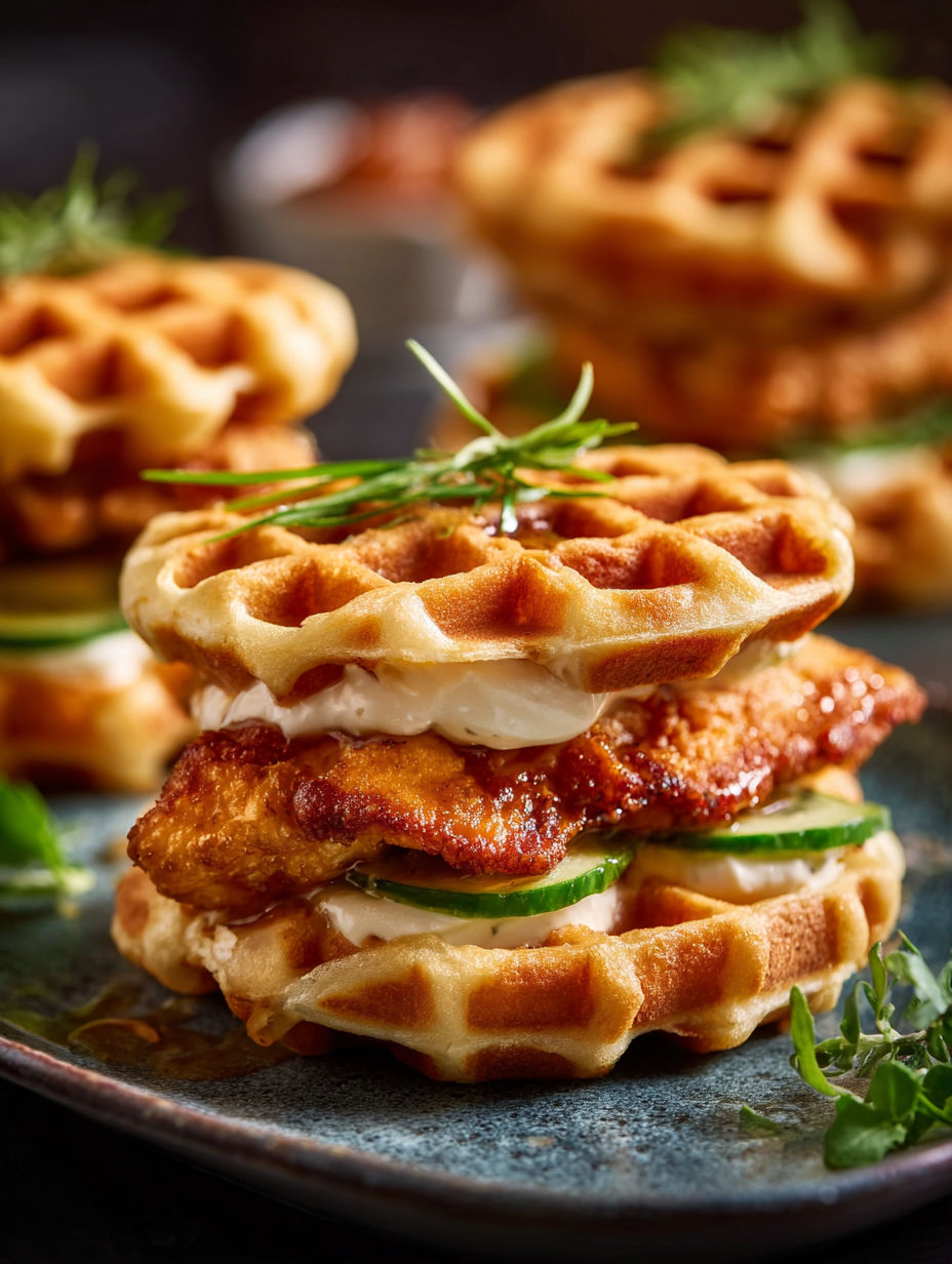 Chicken and waffle sliders with cucumber and zucchini toppings.