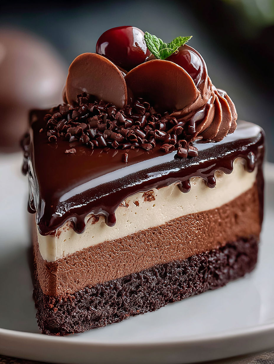 A slice of chocolate mousse cake.