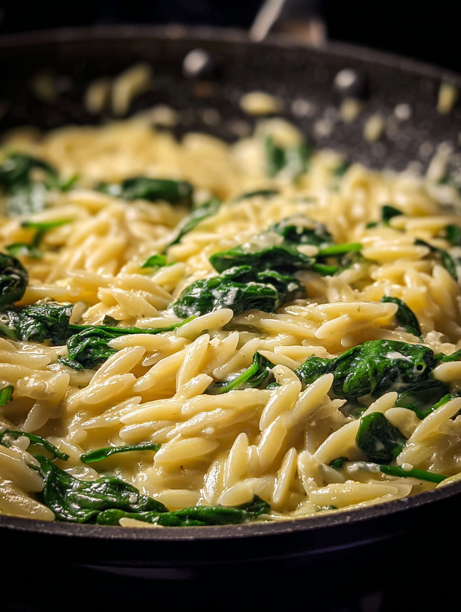 One pan of orzo pasta with spinach and ricotta.