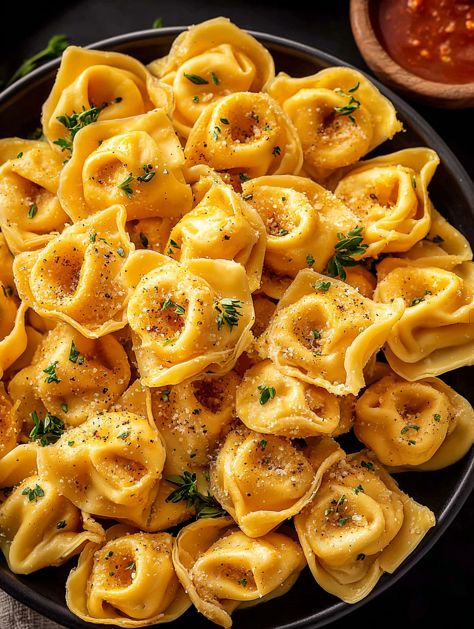 A bowl of cheesy tortellini bites.