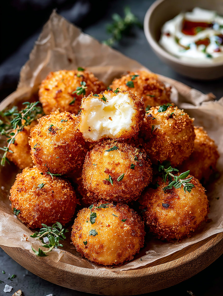 A bowl filled with crunchy fried goat cheese bites.