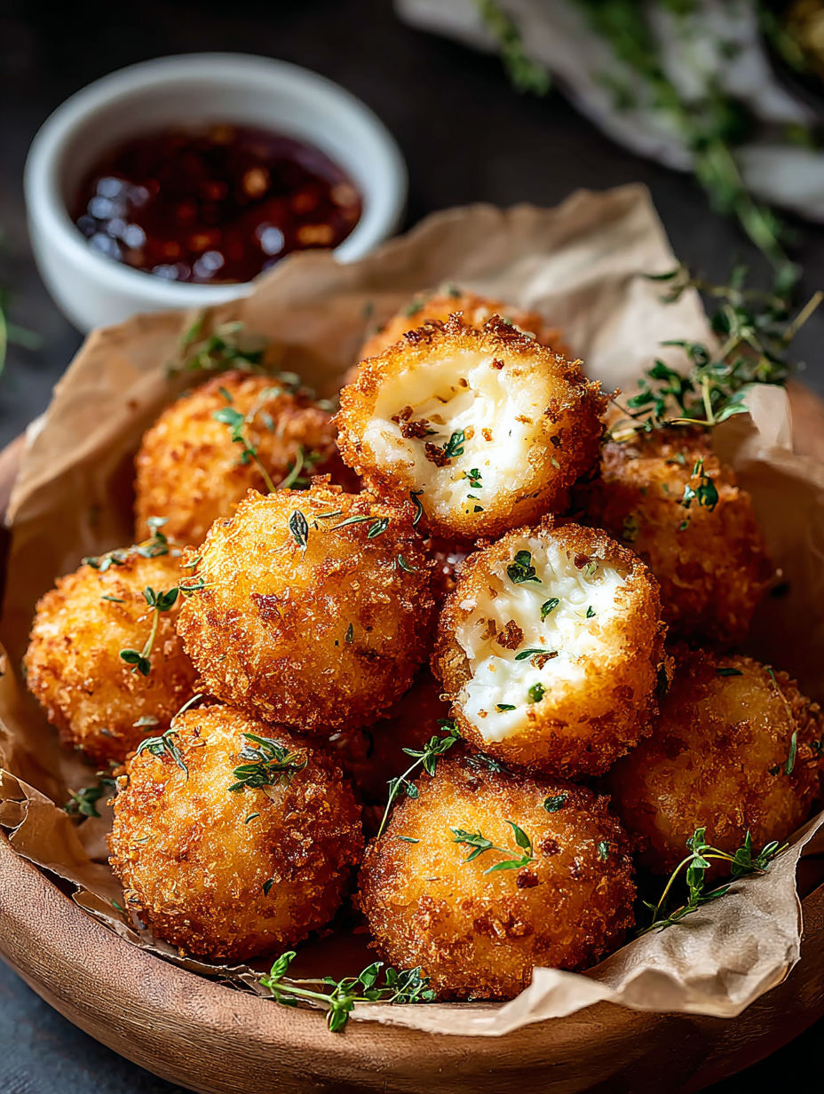 Serving bowl filled with crunchy fried goat cheese balls.