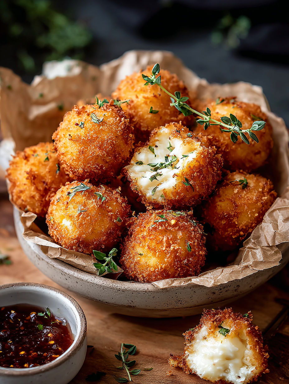 A bowl filled with crunchy fried goat cheese balls.