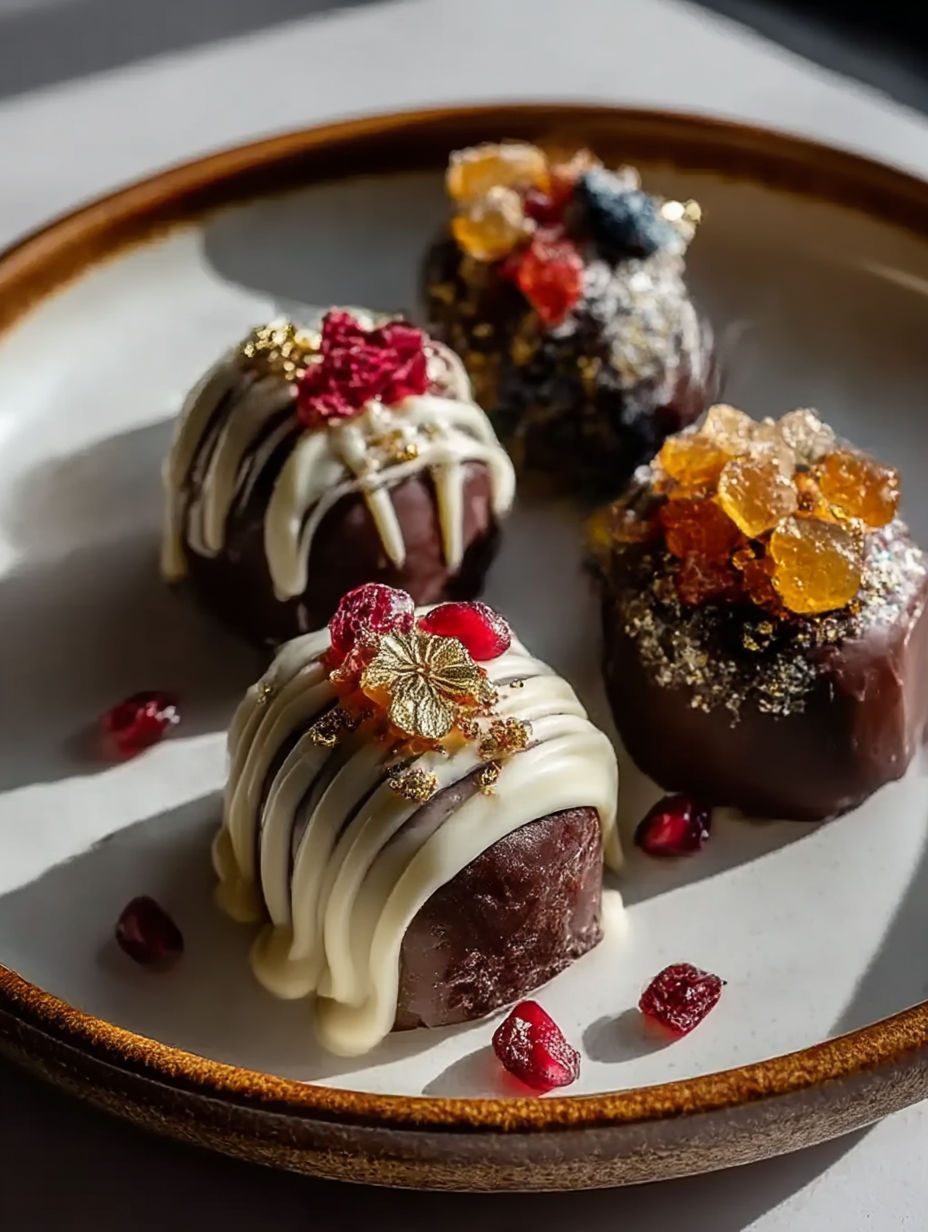 Plate of chocolates with red berries and gold flakes