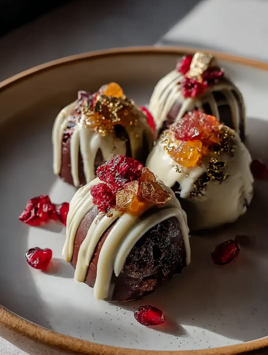 Three chocolate treats topped with gold flakes and red berries.
