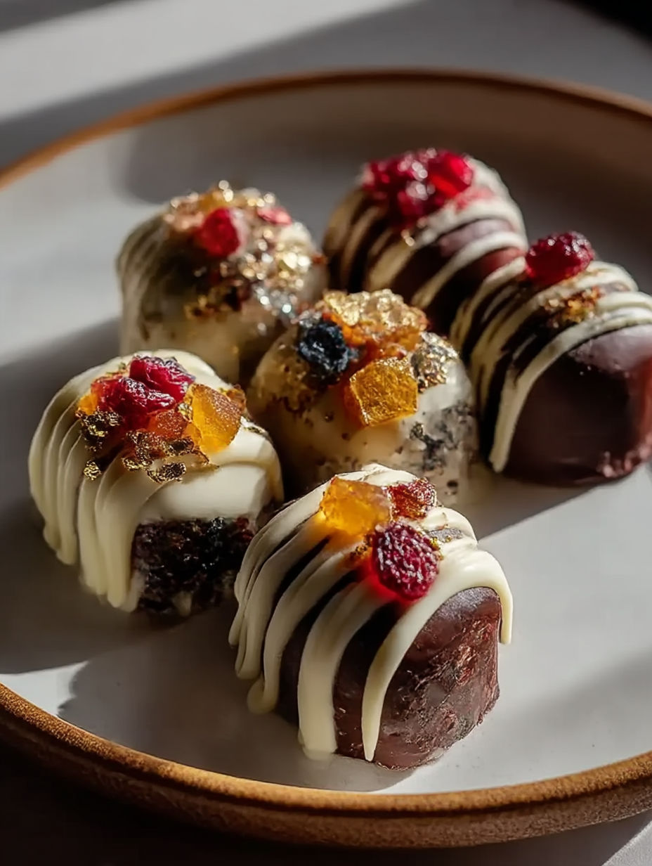 Chocolate treats topped with fruits displayed on a plate.
