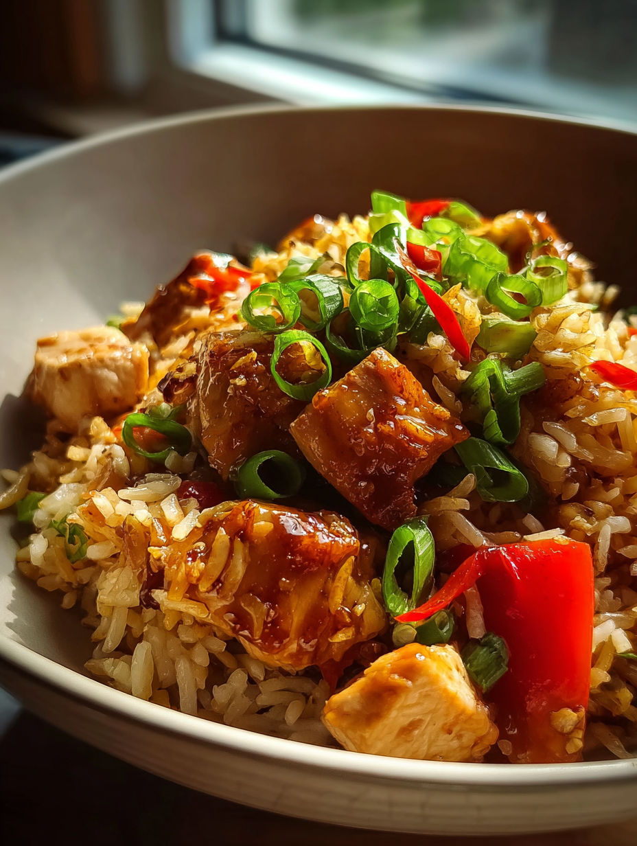 A bowl of Chinese chicken fried rice.