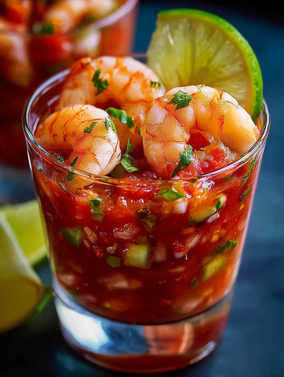 A glass of shrimp cocktail with lime wedges.