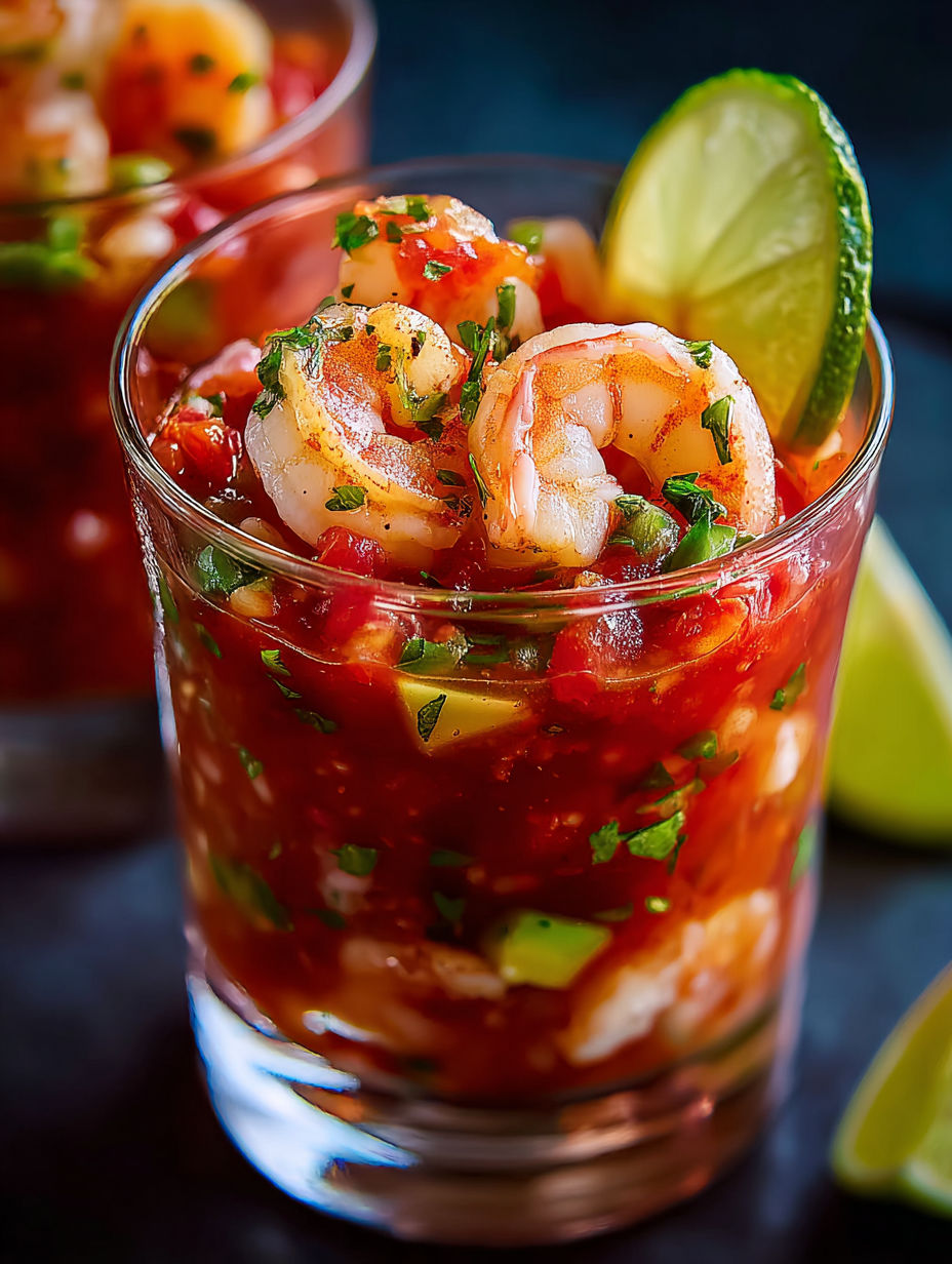 A glass of shrimp cocktail with lime wedges.
