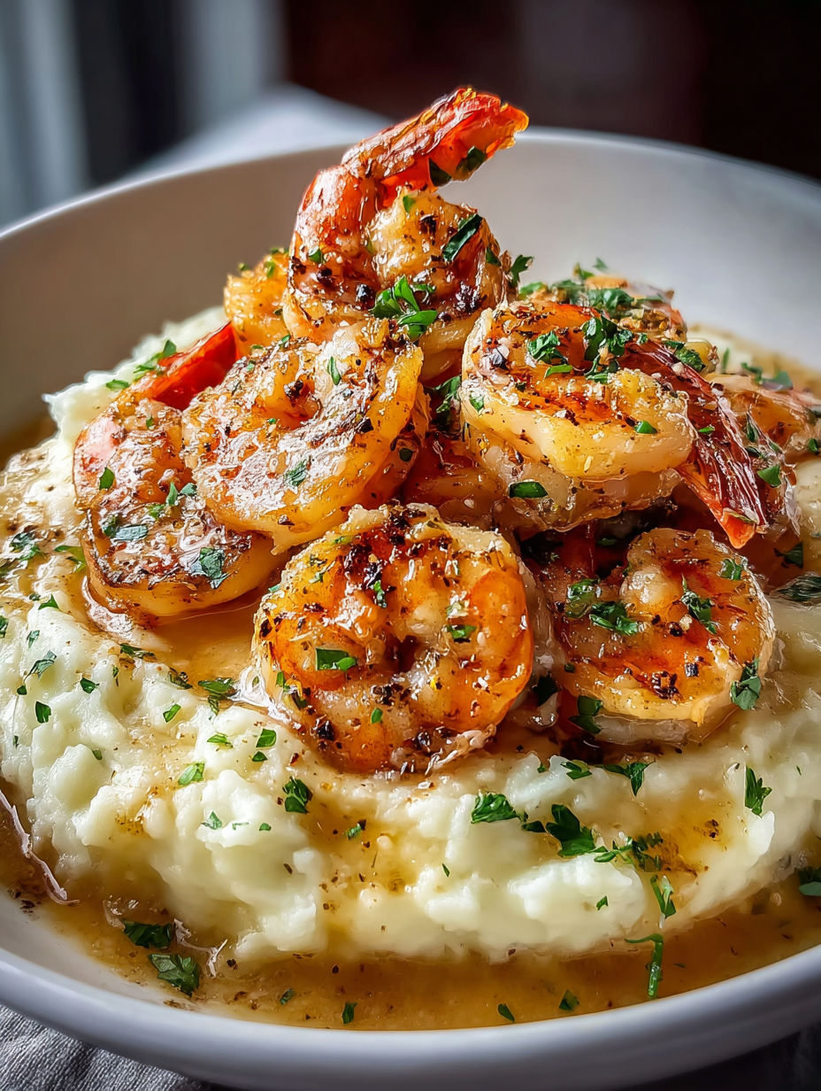 A plate of shrimp and mashed potatoes.