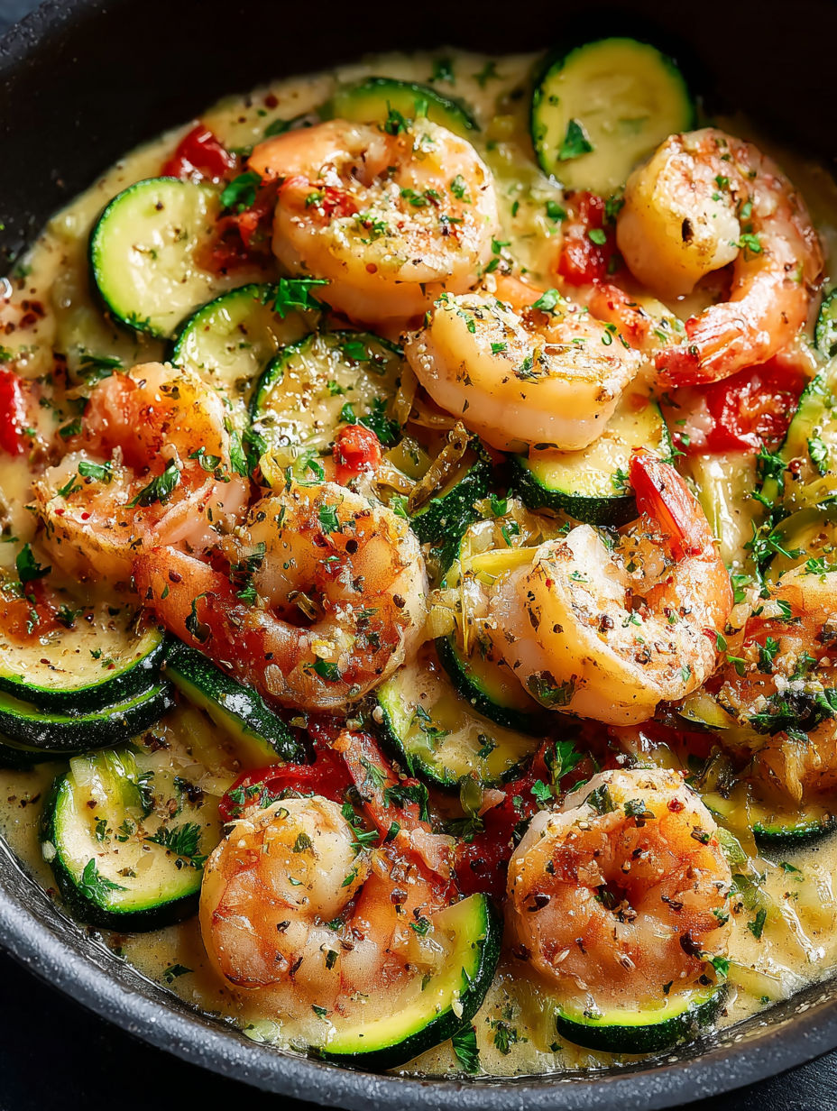 Skillet filled with shrimp and zucchini in creamy Parmesan sauce.