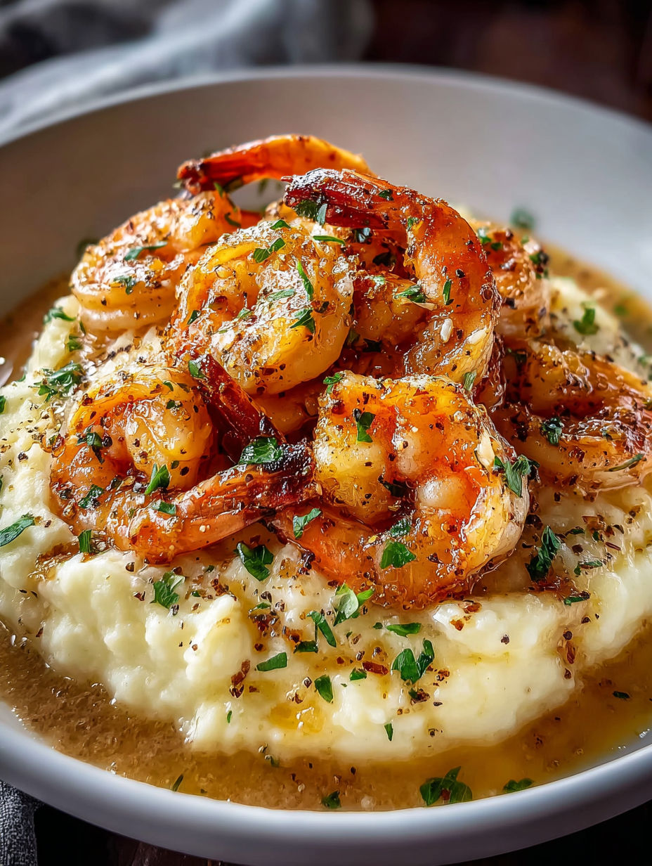 A bowl of shrimp and mashed potatoes.