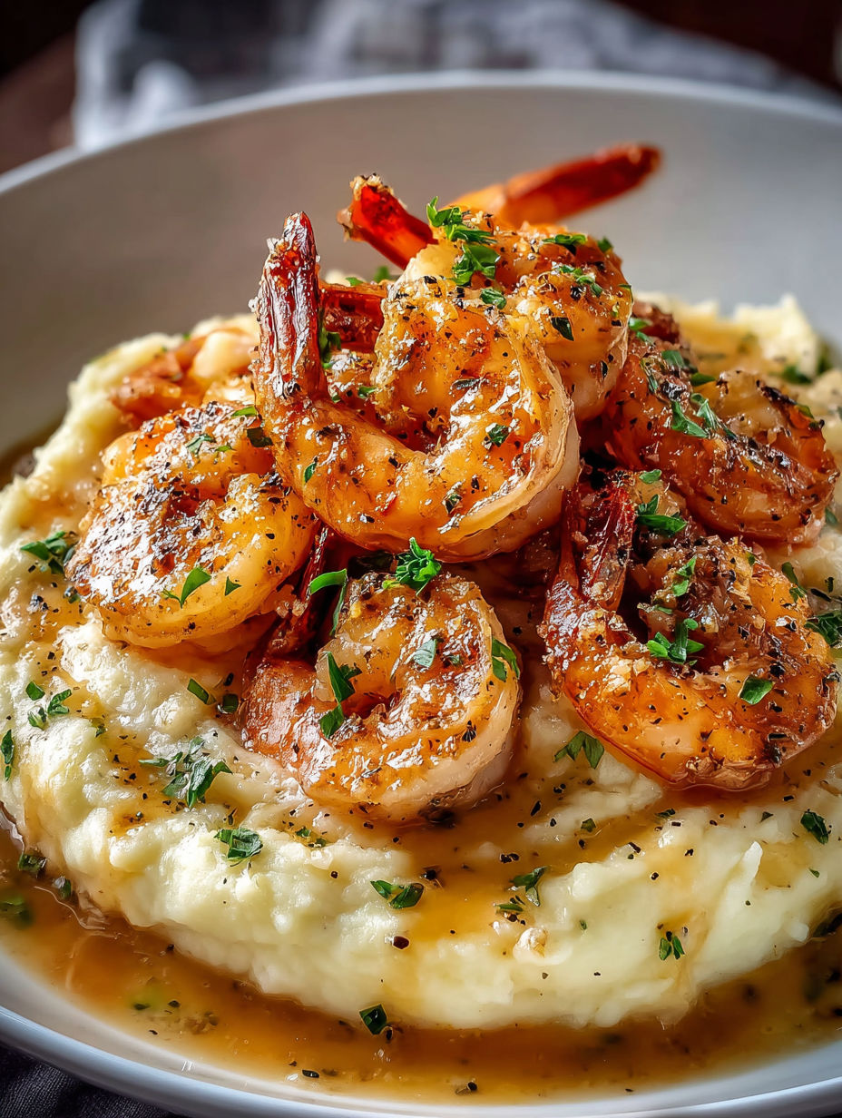 A plate of shrimp on top of mashed potatoes.