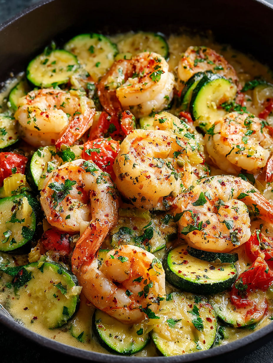 Shrimp and zucchini cooking in a skillet.