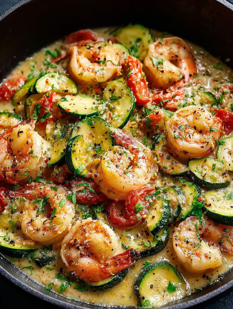 A skillet filled with shrimp and zucchini.