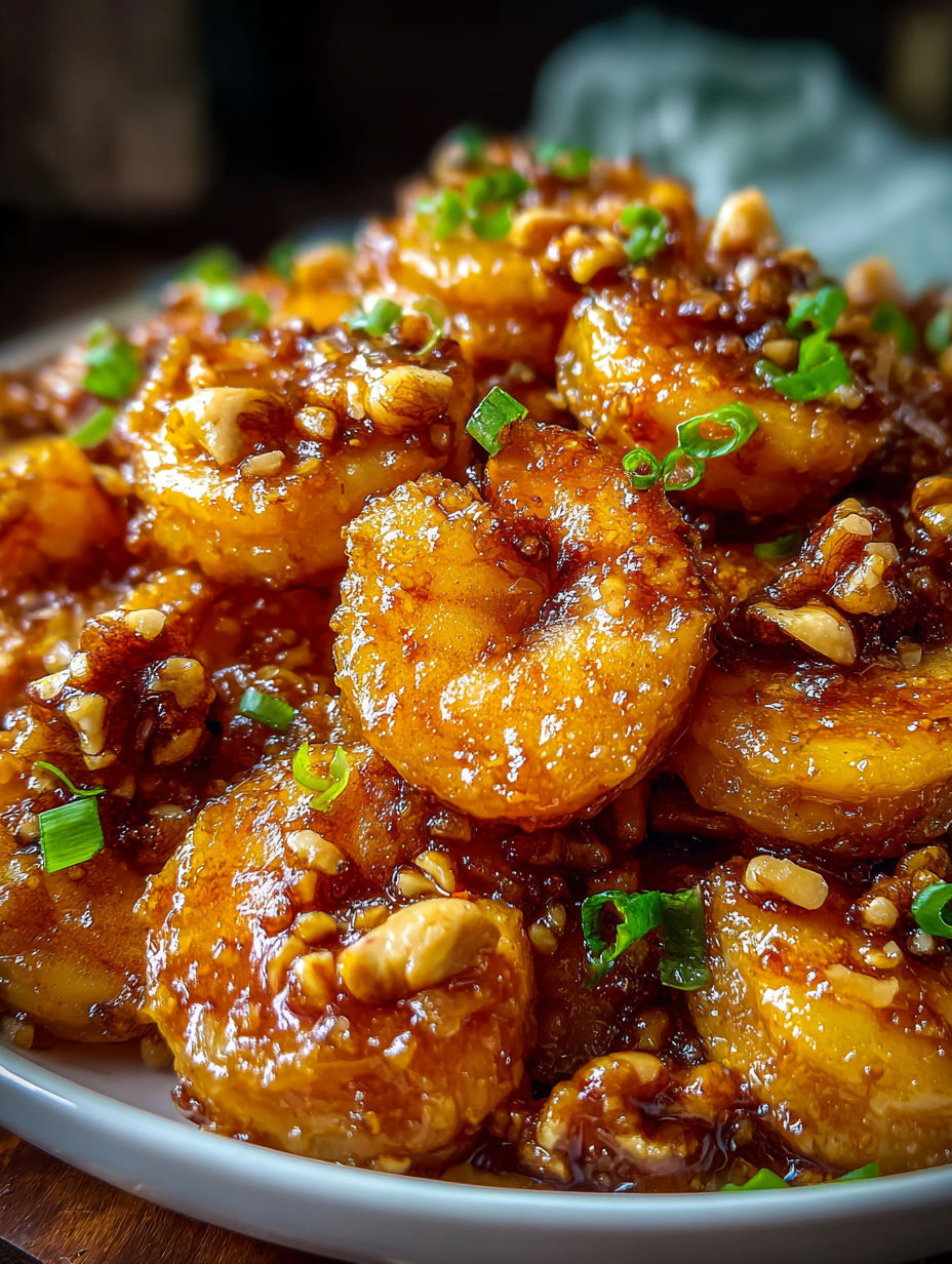 Plate showing honey glazed shrimp with walnuts.