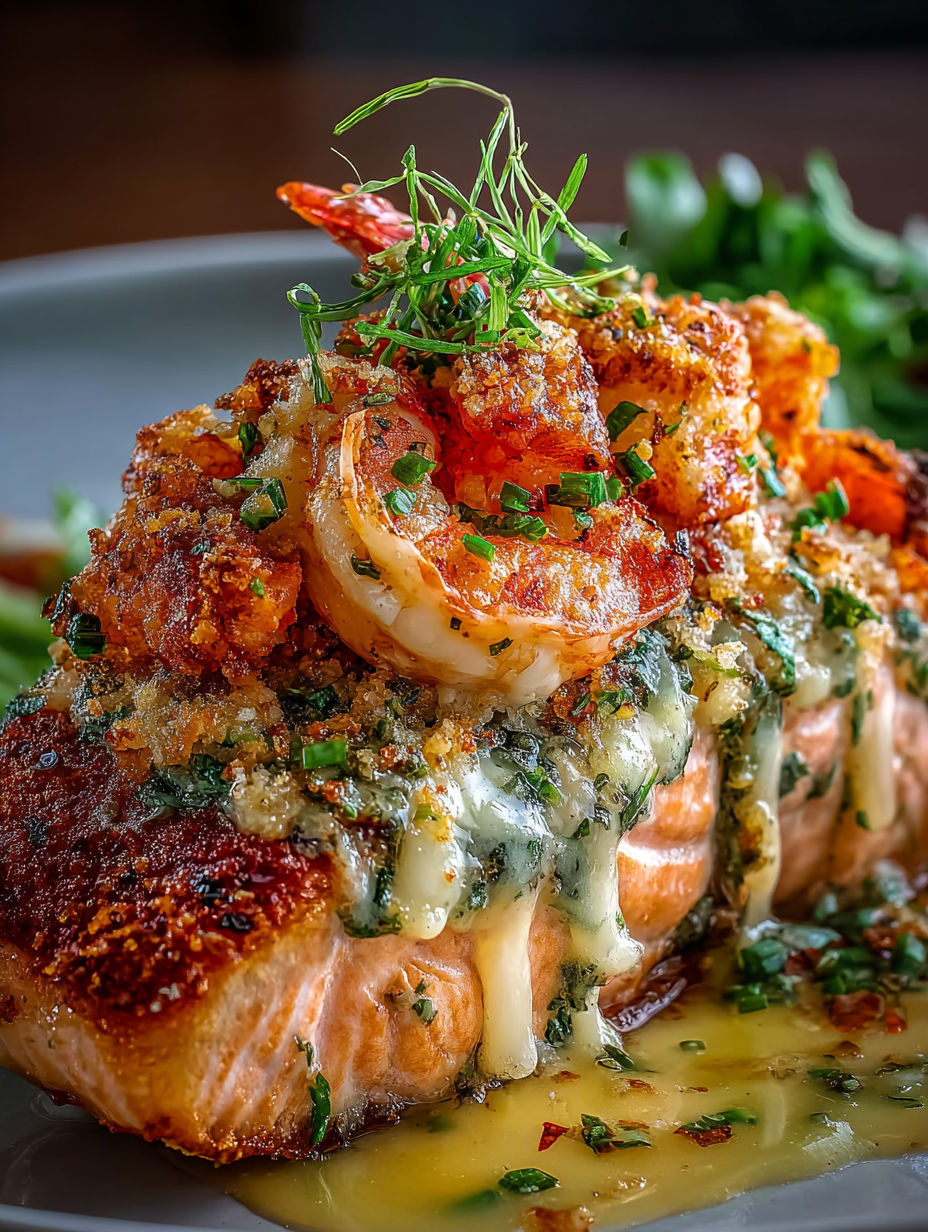 Cooked salmon topped with shrimp on a plate.